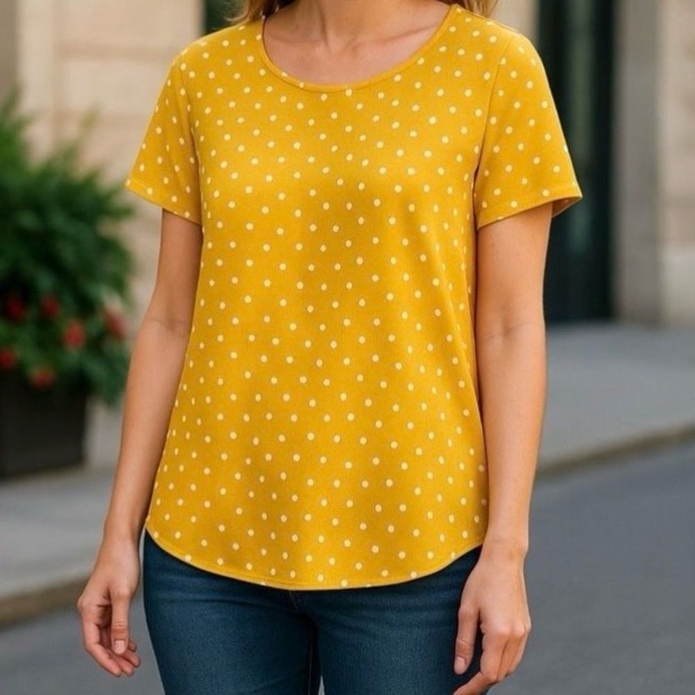 W5 Yellow Polka Dot Blouse Hi Low Pleated Back Boho Casual Top